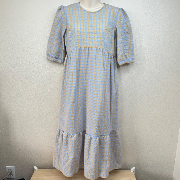 👗 Nobody's Child Womens Fearne Cotton Rachel Blue Orange Plaid Midi Dress Sz. 4 - Picture 2 of 14